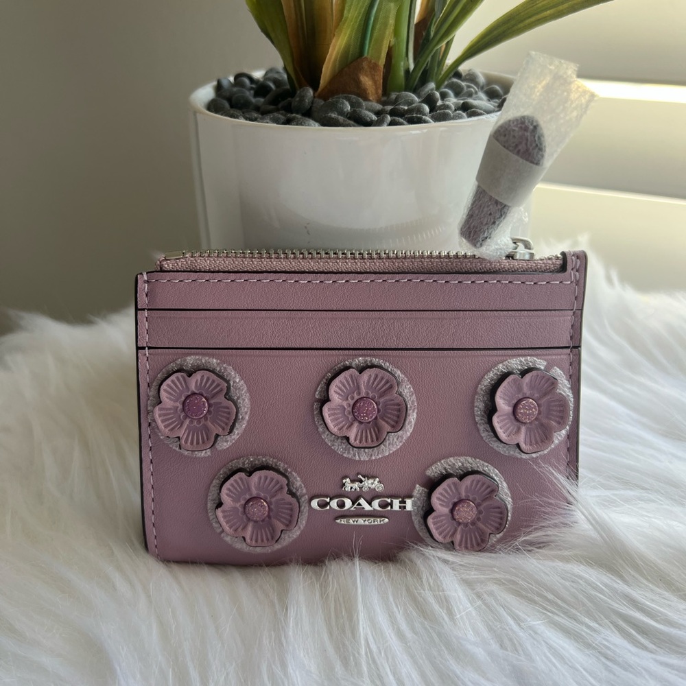 COACH Mini Skinny ID Case with Floral Applique NEW CAT65 LILAC
